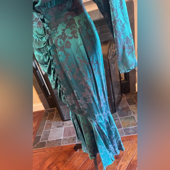 Teal Green Gray Floral Glam Dress Medium 6 8 Dolman Buttons Long Sleeve Silk - Picture 11 of 11